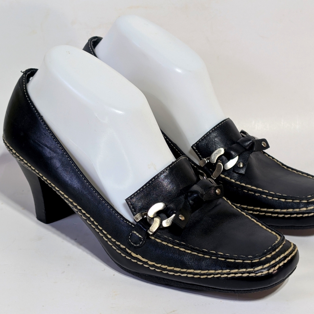 Nickels Soft Leather Heeled Shoes Slip On Women Size 8.5 Black White Stitching